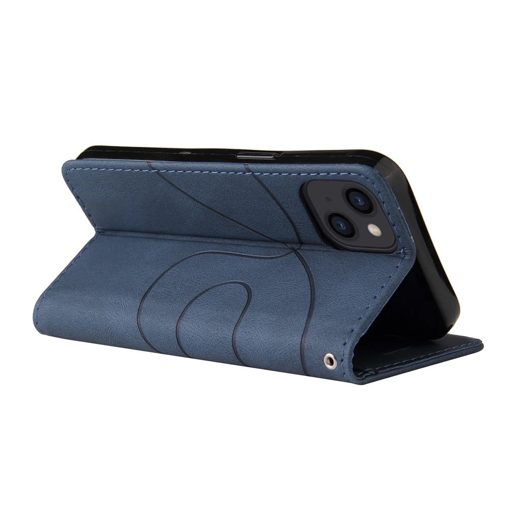 For iPhone 13 6.1 inch Leather Case Wallet Stand Color Splicing Phone Cover - Blue - 7