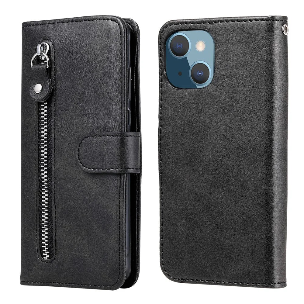 Drop-resistant Zipper Pocket Leather Wallet Phone Shell for iPhone 13 mini 5.4 inch - Black - 1