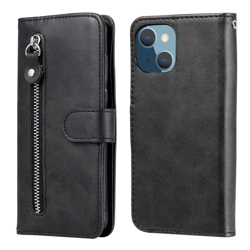 Drop-resistant Zipper Pocket Leather Wallet Phone Shell for iPhone 13 mini 5.4 inch - Black - 1