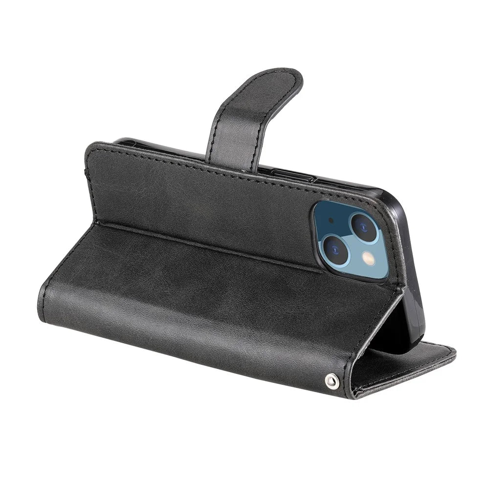 Drop-resistant Zipper Pocket Leather Wallet Phone Shell for iPhone 13 mini 5.4 inch - Black - 5