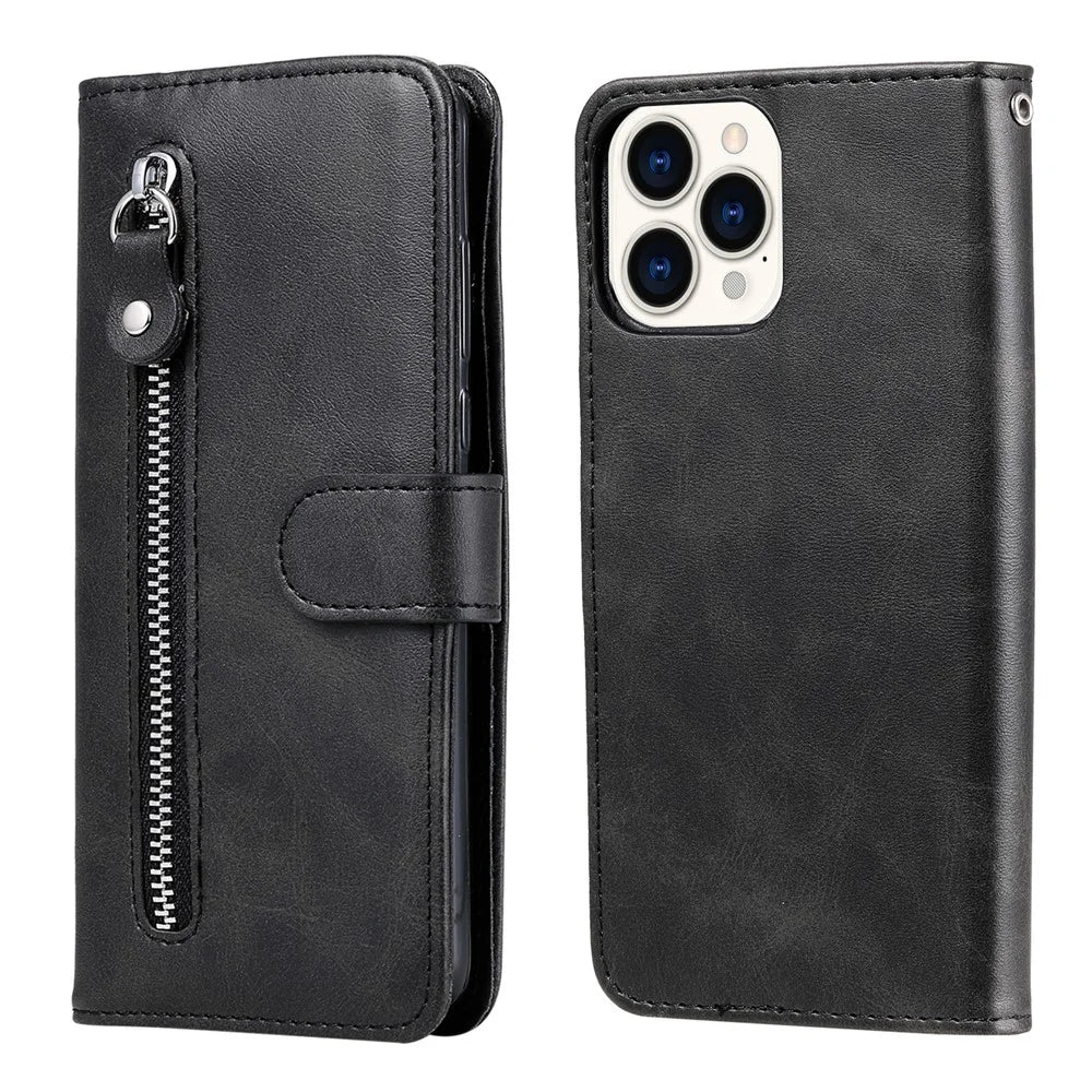 Anti-fall Zipper Pocket Leather Wallet Phone Case Shell for iPhone 13 Pro Max 6.7 inch - Black - 1