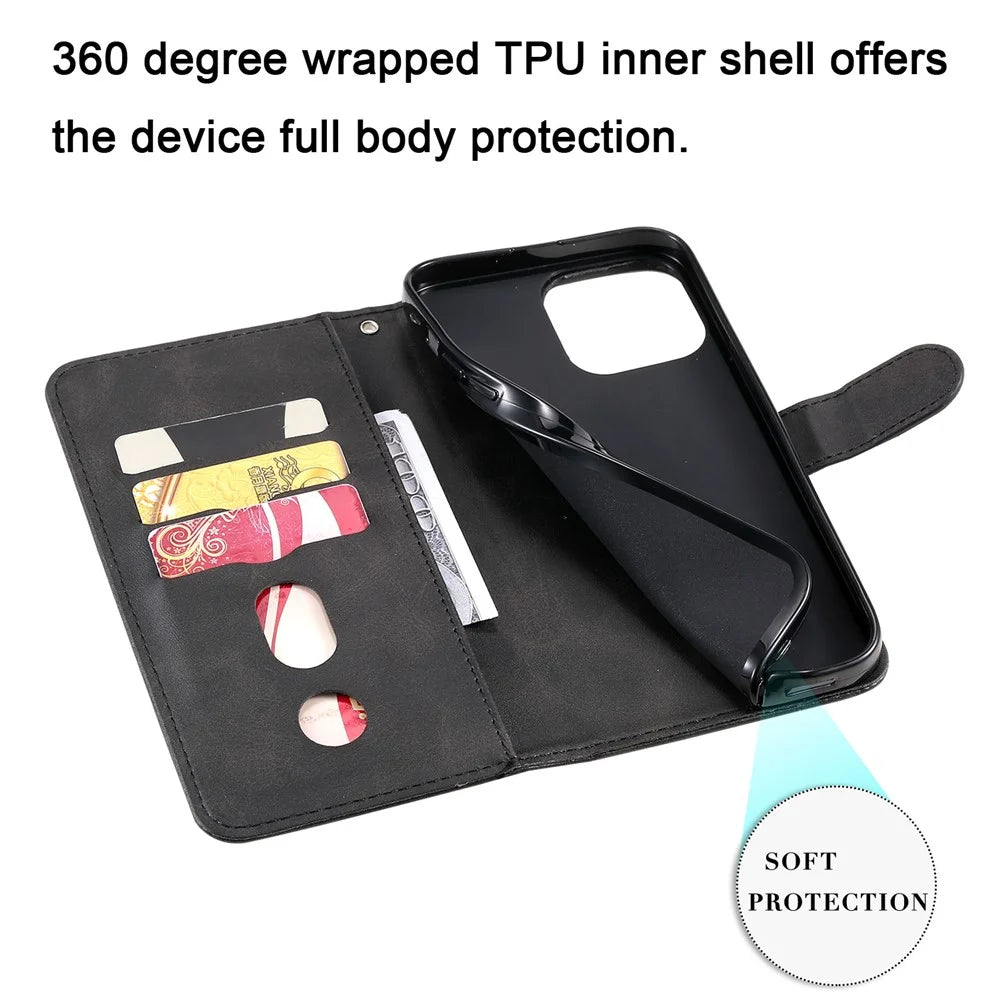 Anti-fall Zipper Pocket Leather Wallet Phone Case Shell for iPhone 13 Pro Max 6.7 inch - Black - 3