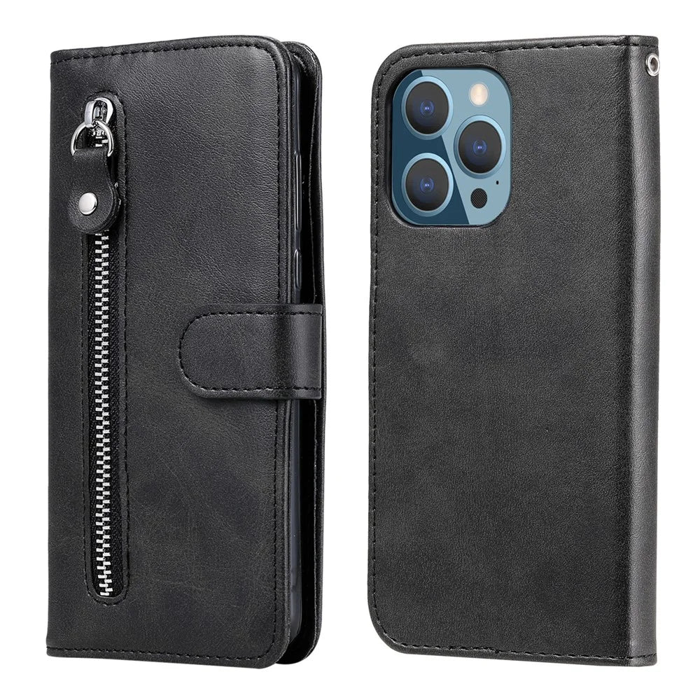Scratch-proof Cover Zipper Pocket Leather Wallet Shell for iPhone 13 Pro 6.1 inch - Black - 1