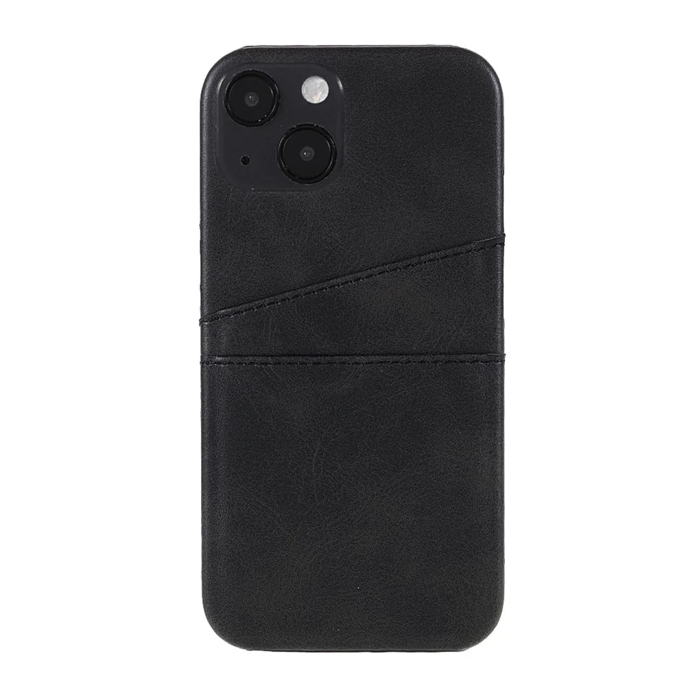 Well-protected Double Card Slots Leather Coated PC Back Phone Cover for iPhone 13 6.1 inch - Black - 1