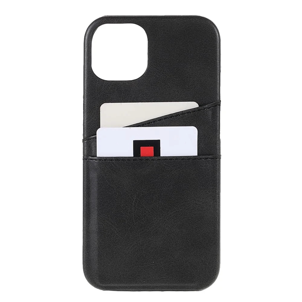 Well-protected Double Card Slots Leather Coated PC Back Phone Cover for iPhone 13 6.1 inch - Black - 2