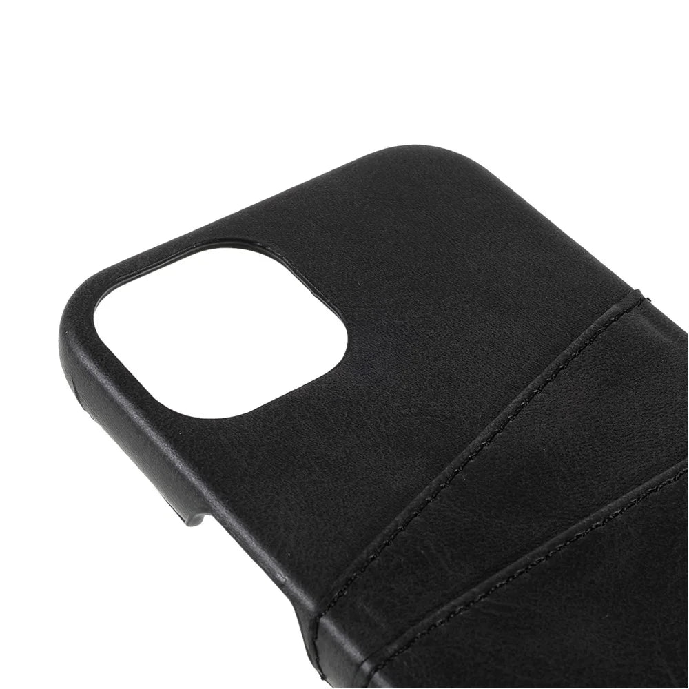 Well-protected Double Card Slots Leather Coated PC Back Phone Cover for iPhone 13 6.1 inch - Black - 6