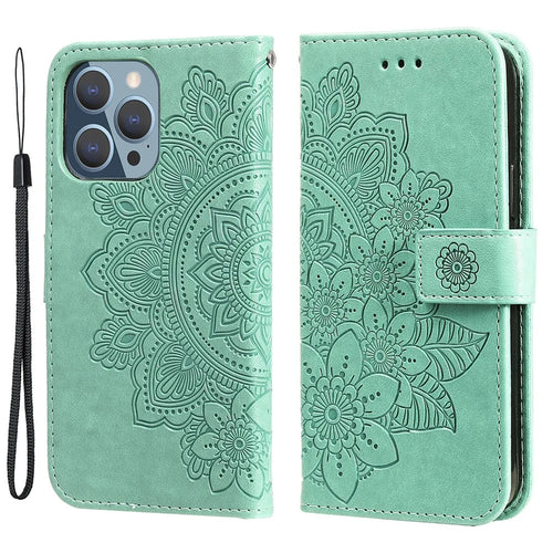 Adjustable Stand Design Flower Imprinting Wallet Leather Phone Protector Case with Strap for iPhone 13 Pro 6.1 inch - Green - 1