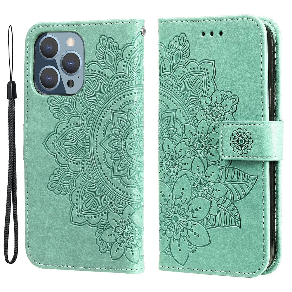 Adjustable Stand Design Flower Imprinting Wallet Leather Phone Protector Case with Strap for iPhone 13 Pro 6.1 inch - Green - 1