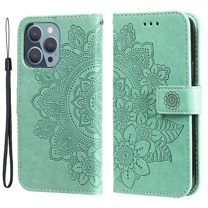 Adjustable Stand Design Flower Imprinting Wallet Leather Phone Protector Case with Strap for iPhone 13 Pro 6.1 inch - Green - 1