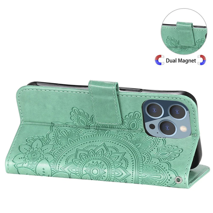 Adjustable Stand Design Flower Imprinting Wallet Leather Phone Protector Case with Strap for iPhone 13 Pro 6.1 inch - Green - 2