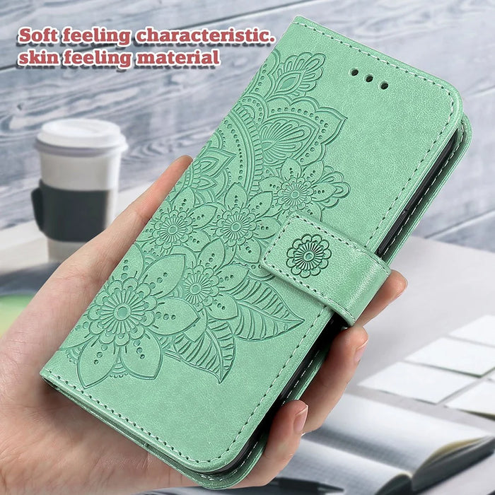 Adjustable Stand Design Flower Imprinting Wallet Leather Phone Protector Case with Strap for iPhone 13 Pro 6.1 inch - Green - 4