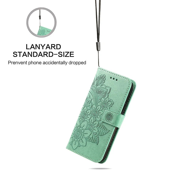Adjustable Stand Design Flower Imprinting Wallet Leather Phone Protector Case with Strap for iPhone 13 Pro 6.1 inch - Green - 5