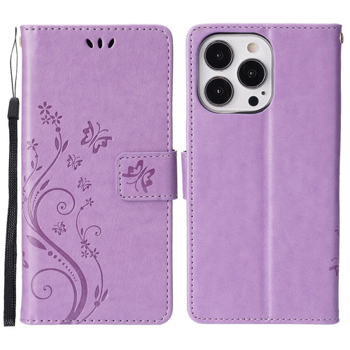 Butterflies Pattern Imprinting Leather Case Wallet Stand Cover with Wrist Strap for iPhone 13 Pro Max 6.7 inch - Light Purple - 1