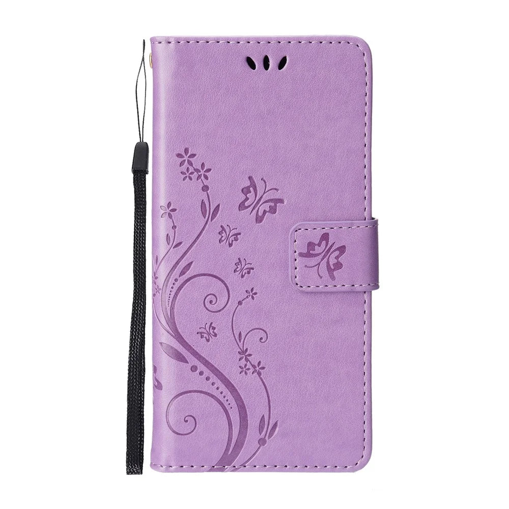 Butterflies Pattern Imprinting Leather Case Wallet Stand Cover with Wrist Strap for iPhone 13 Pro Max 6.7 inch - Light Purple - 2