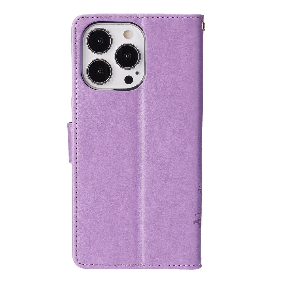 Butterflies Pattern Imprinting Leather Case Wallet Stand Cover with Wrist Strap for iPhone 13 Pro Max 6.7 inch - Light Purple - 3