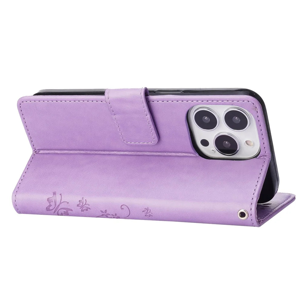 Butterflies Pattern Imprinting Leather Case Wallet Stand Cover with Wrist Strap for iPhone 13 Pro Max 6.7 inch - Light Purple - 4