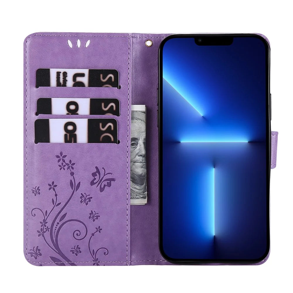 Butterflies Pattern Imprinting Leather Case Wallet Stand Cover with Wrist Strap for iPhone 13 Pro Max 6.7 inch - Light Purple - 5