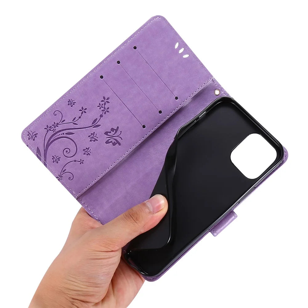 Butterflies Pattern Imprinting Leather Case Wallet Stand Cover with Wrist Strap for iPhone 13 Pro Max 6.7 inch - Light Purple - 6