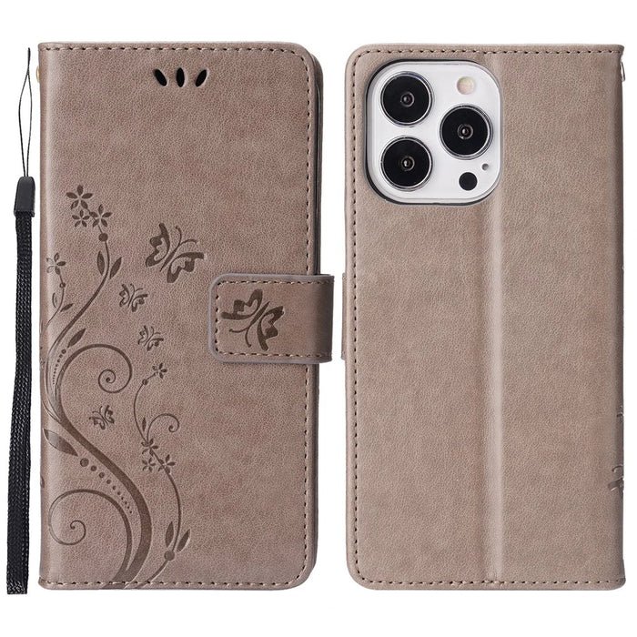 Well-protected PU Leather Butterflies Pattern Imprint Wallet Card Slots Phone Stand Case for iPhone 13 Pro 6.1 inch - Grey - 1