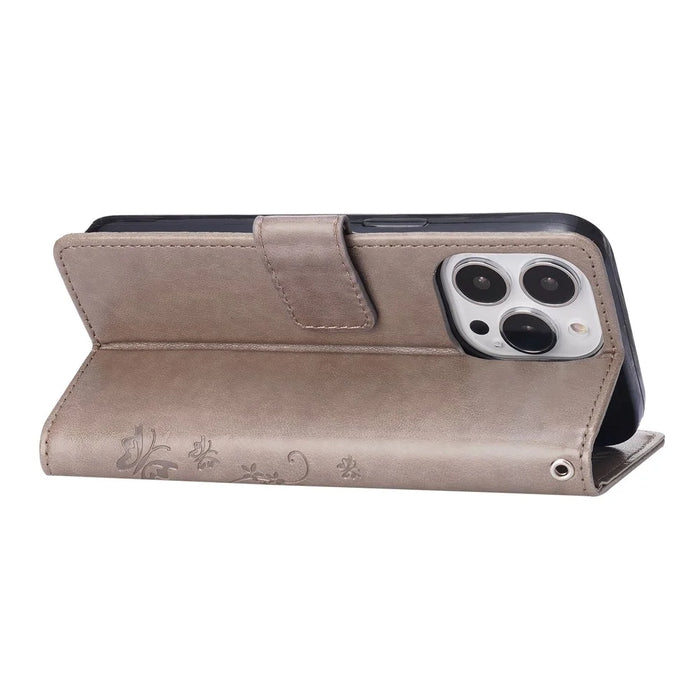 Well-protected PU Leather Butterflies Pattern Imprint Wallet Card Slots Phone Stand Case for iPhone 13 Pro 6.1 inch - Grey - 4