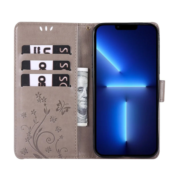 Well-protected PU Leather Butterflies Pattern Imprint Wallet Card Slots Phone Stand Case for iPhone 13 Pro 6.1 inch - Grey - 5