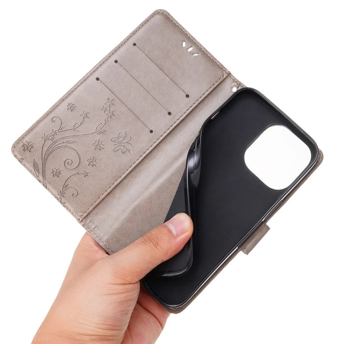 Well-protected PU Leather Butterflies Pattern Imprint Wallet Card Slots Phone Stand Case for iPhone 13 Pro 6.1 inch - Grey - 6