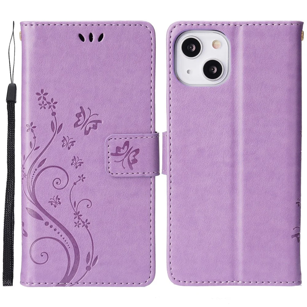Butterflies Pattern Imprint PU Leather Wallet Card Slots Cover Phone Stand Case for	iPhone 13 mini - Light Purple - 1