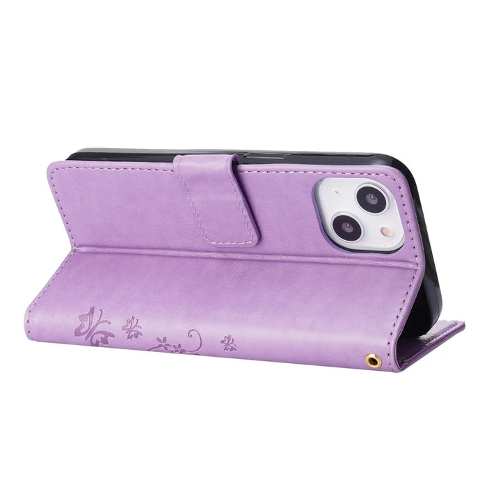Butterflies Pattern Imprint PU Leather Wallet Card Slots Cover Phone Stand Case for	iPhone 13 mini - Light Purple - 4