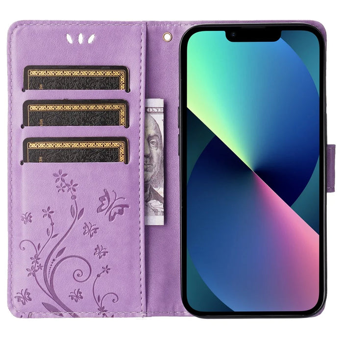 Butterflies Pattern Imprint PU Leather Wallet Card Slots Cover Phone Stand Case for	iPhone 13 mini - Light Purple - 5