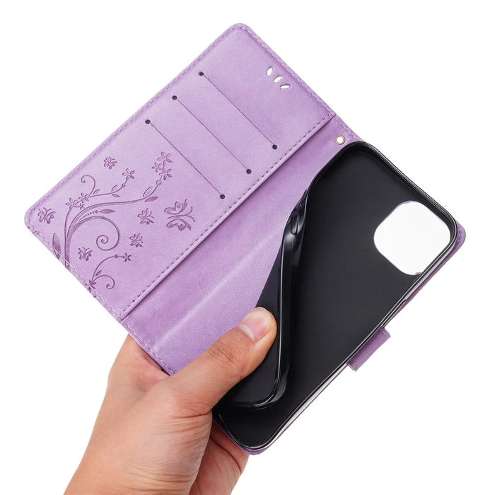 Butterflies Pattern Imprint PU Leather Wallet Card Slots Cover Phone Stand Case for	iPhone 13 mini - Light Purple - 6