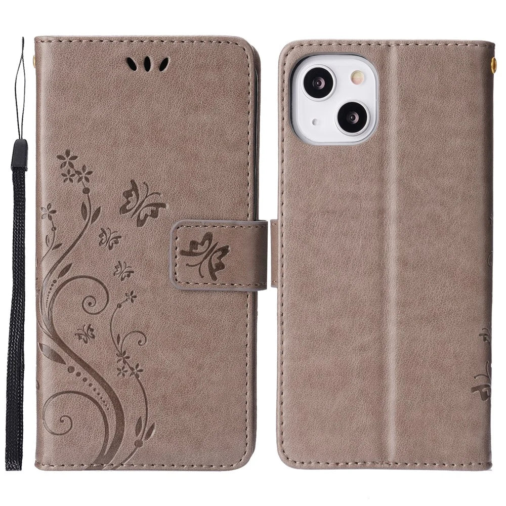 Personalized PU Leather Butterflies Pattern Imprint Wallet Card Slots Phone Stand Case for iPhone 13 6.1 inch - Grey - 1