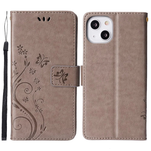 Personalized PU Leather Butterflies Pattern Imprint Wallet Card Slots Phone Stand Case for iPhone 13 6.1 inch - Grey - 1