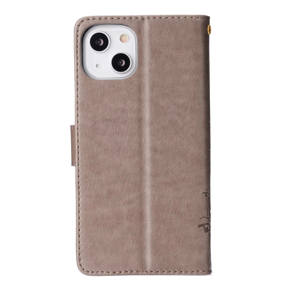 Personalized PU Leather Butterflies Pattern Imprint Wallet Card Slots Phone Stand Case for iPhone 13 6.1 inch - Grey - 3