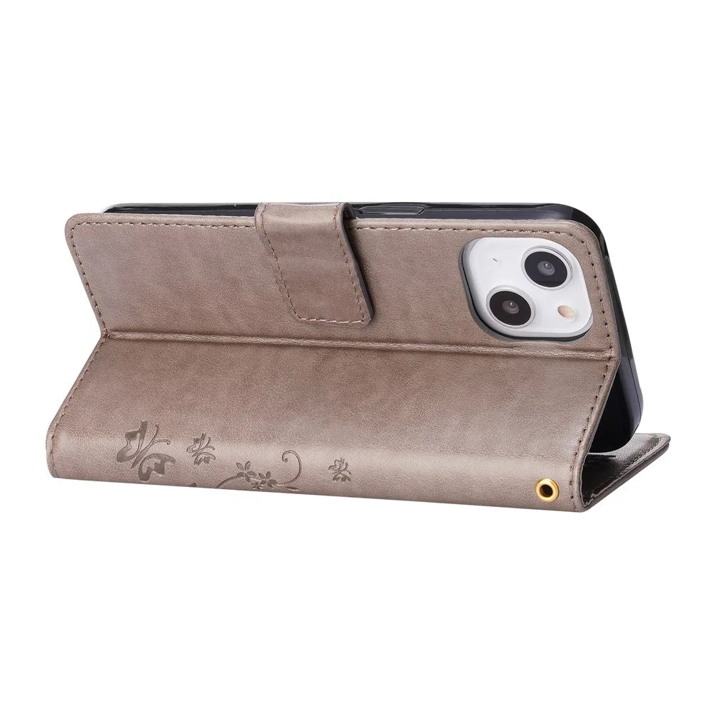 Personalized PU Leather Butterflies Pattern Imprint Wallet Card Slots Phone Stand Case for iPhone 13 6.1 inch - Grey - 4