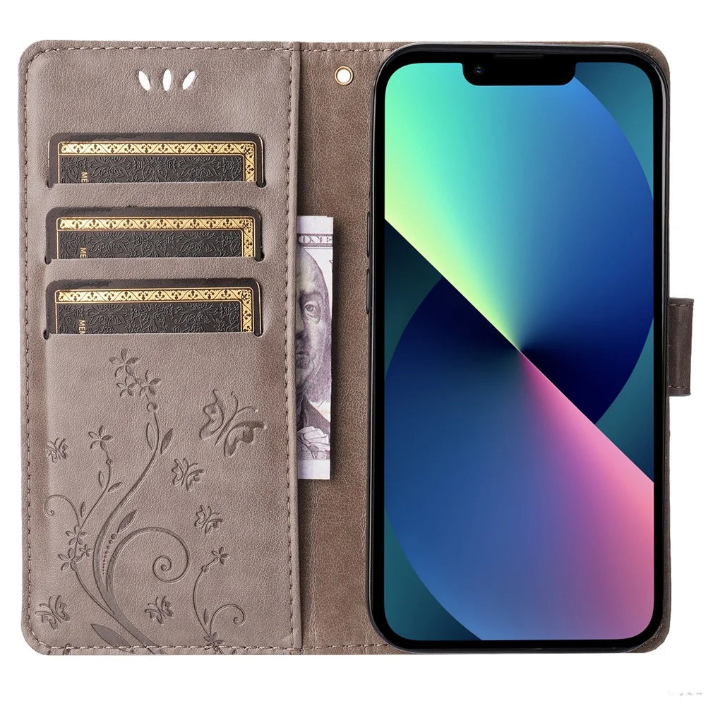Personalized PU Leather Butterflies Pattern Imprint Wallet Card Slots Phone Stand Case for iPhone 13 6.1 inch - Grey - 5