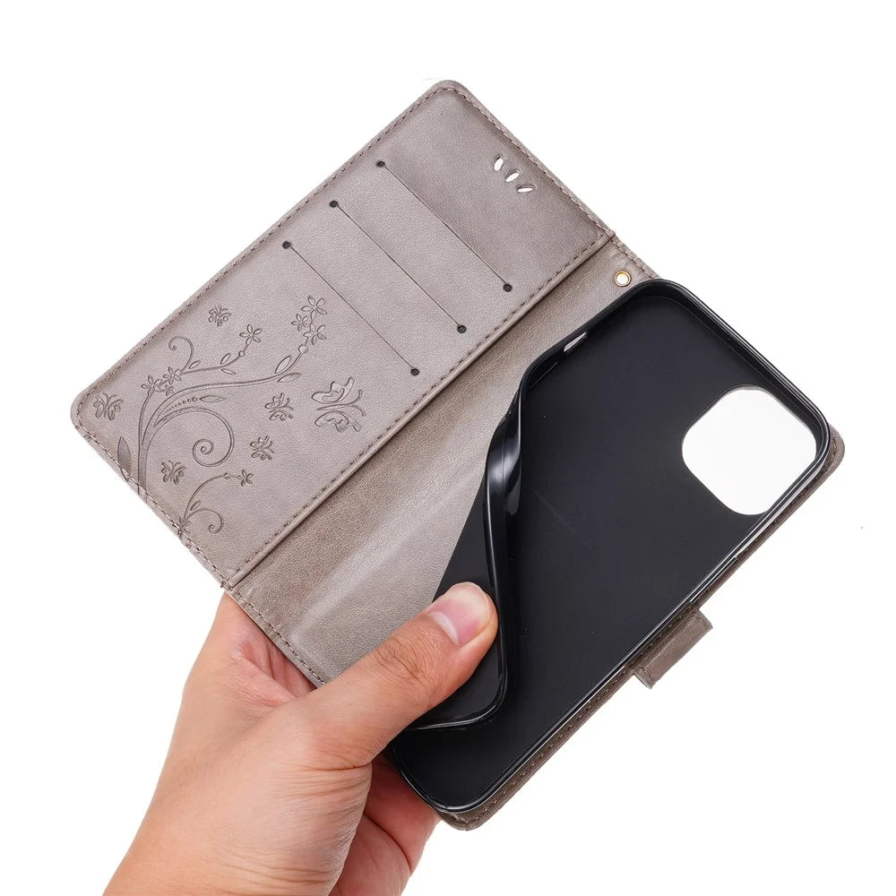 Personalized PU Leather Butterflies Pattern Imprint Wallet Card Slots Phone Stand Case for iPhone 13 6.1 inch - Grey - 6