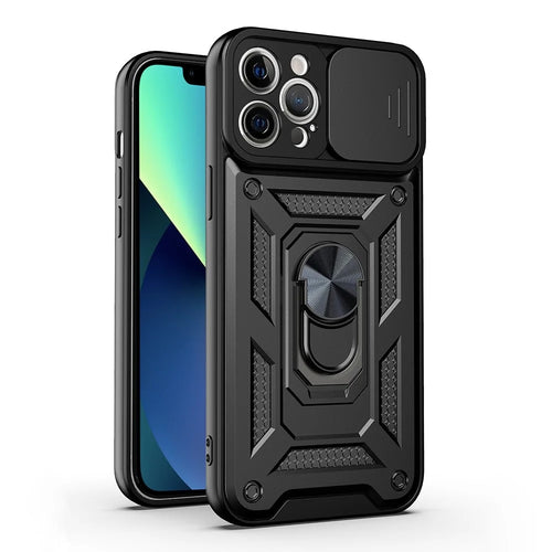Camera Slide Shockproof Phone Case Anti-drop Back Cover with Kickstand for iPhone 13 Pro Max 6.7 inch - Black - 1