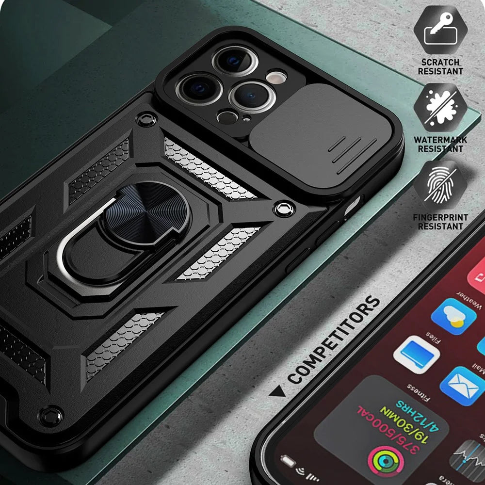Drop-resistant Camera Slide Phone Case Back Cover with Kickstand for iPhone 13 Pro 6.1 inch - Black - 4