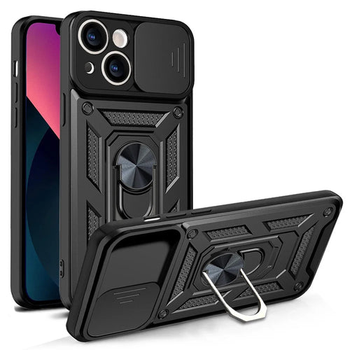 Full Protective Camera Slide Phone Case Back Shell with Kickstand for iPhone 13 6.1 inch - Black - 1