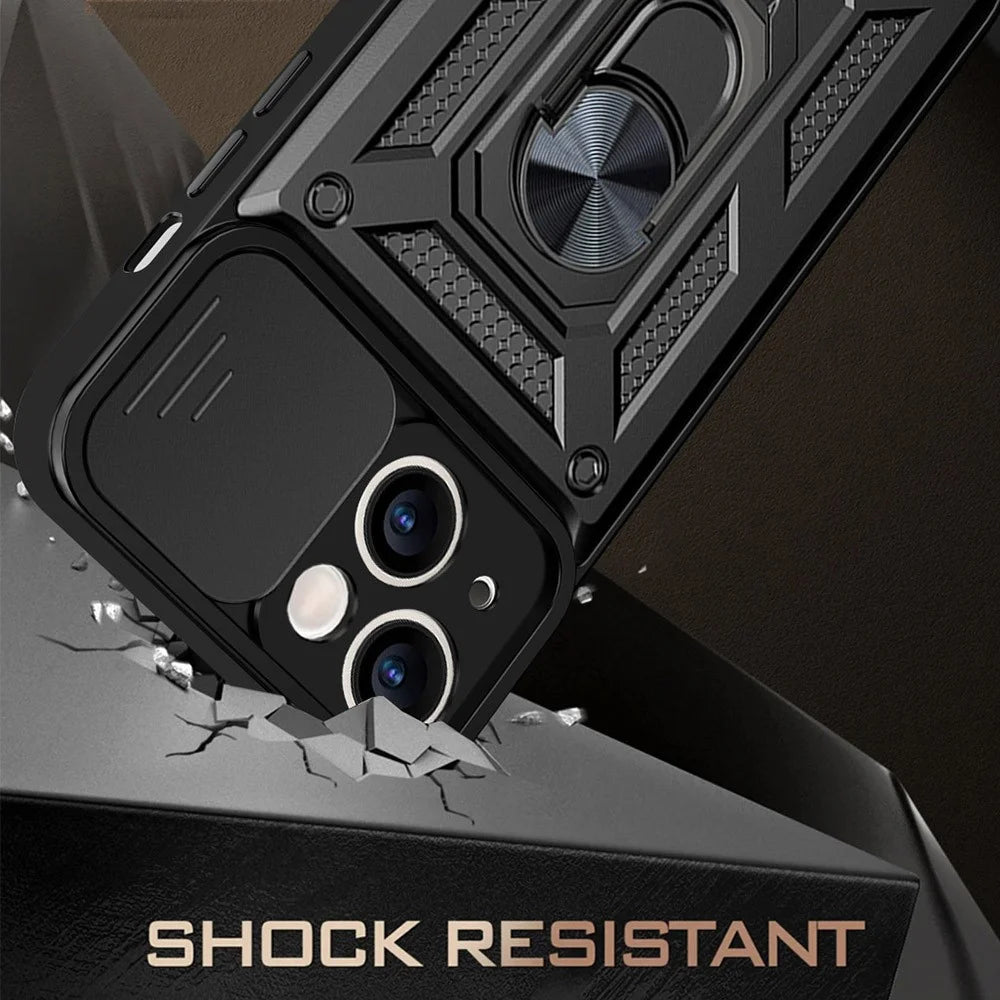 Full Protective Camera Slide Phone Case Back Shell with Kickstand for iPhone 13 6.1 inch - Black - 2