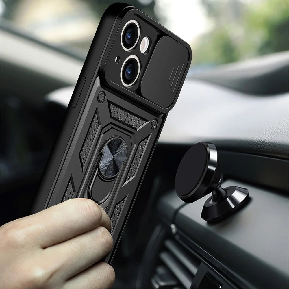 Full Protective Camera Slide Phone Case Back Shell with Kickstand for iPhone 13 6.1 inch - Black - 3