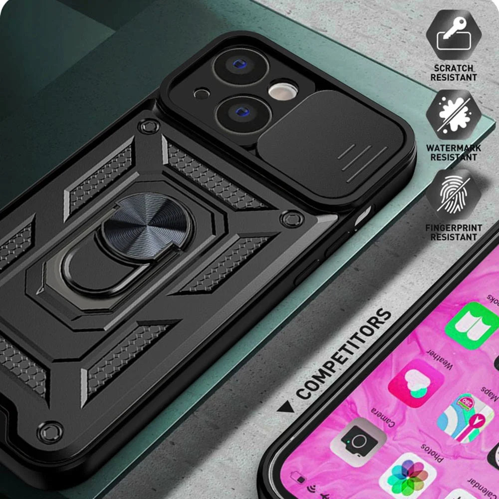 Full Protective Camera Slide Phone Case Back Shell with Kickstand for iPhone 13 6.1 inch - Black - 6