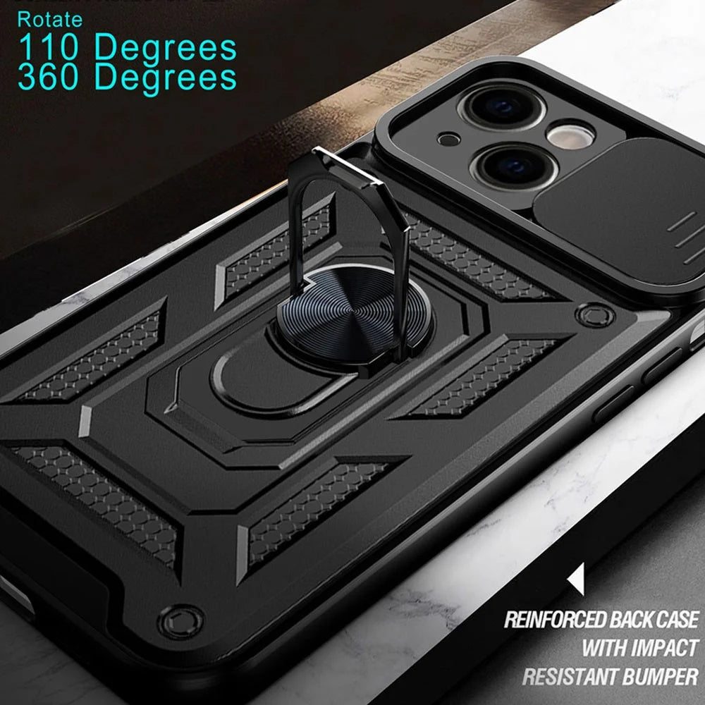 Full Protective Camera Slide Phone Case Back Shell with Kickstand for iPhone 13 6.1 inch - Black - 7