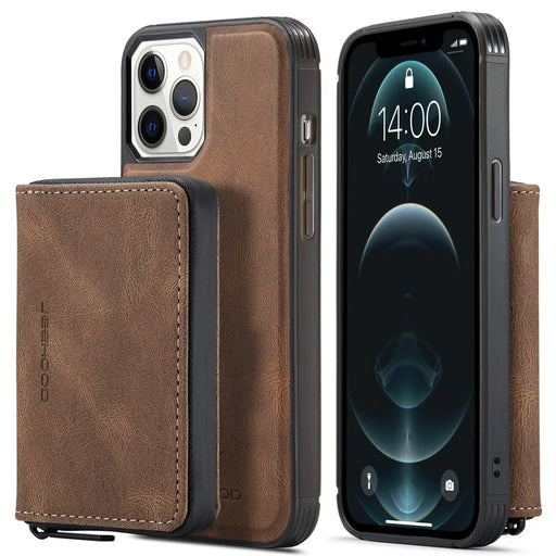 JEEHOOD Well-Protected Magnetic Detachable 2-in-1 Hybrid Case with Zipper Closure Wallet for iPhone 12 6.1 inch/12 Pro 6.1 inch - Brown - 1