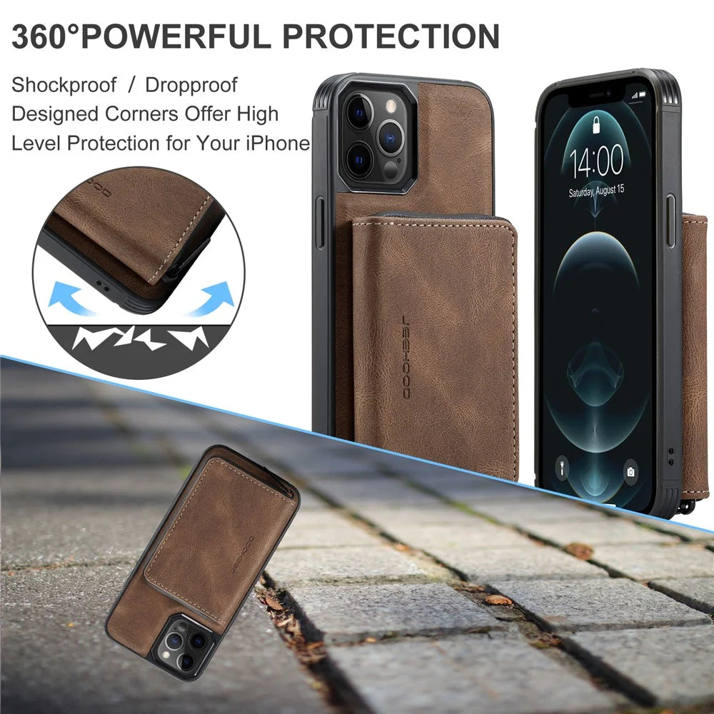 JEEHOOD Well-Protected Magnetic Detachable 2-in-1 Hybrid Case with Zipper Closure Wallet for iPhone 12 6.1 inch/12 Pro 6.1 inch - Brown - 3