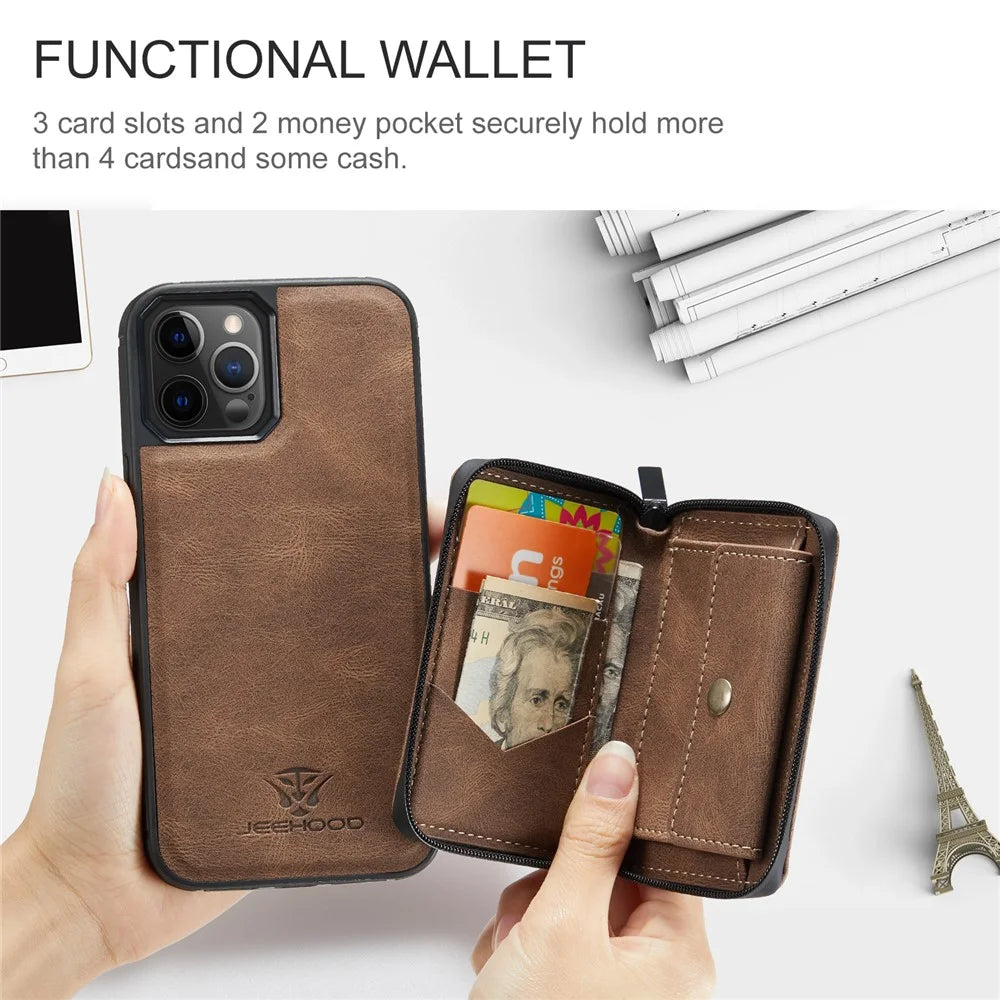 JEEHOOD Well-Protected Magnetic Detachable 2-in-1 Hybrid Case with Zipper Closure Wallet for iPhone 12 6.1 inch/12 Pro 6.1 inch - Brown - 4