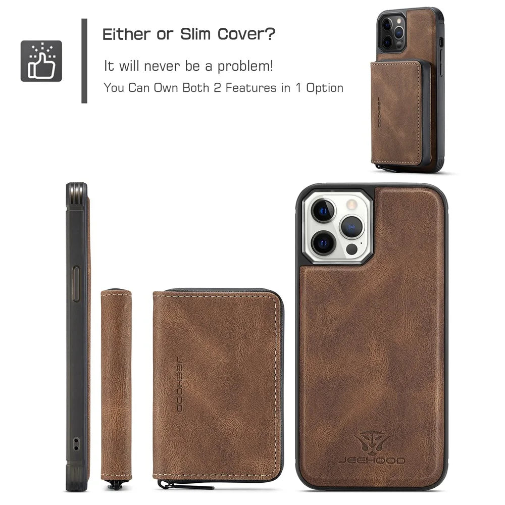 JEEHOOD Well-Protected Magnetic Detachable 2-in-1 Hybrid Case with Zipper Closure Wallet for iPhone 12 6.1 inch/12 Pro 6.1 inch - Brown - 5