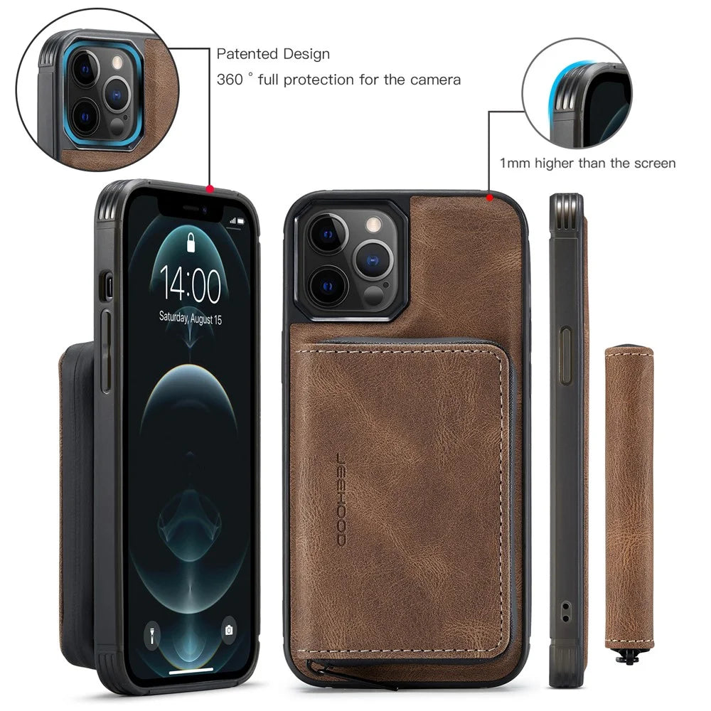 JEEHOOD Well-Protected Magnetic Detachable 2-in-1 Hybrid Case with Zipper Closure Wallet for iPhone 12 6.1 inch/12 Pro 6.1 inch - Brown - 6