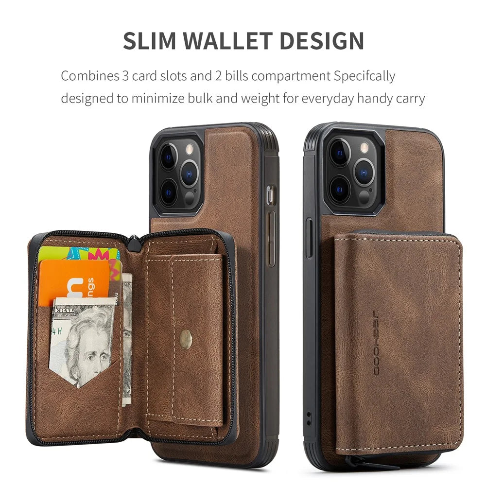 JEEHOOD Well-Protected Magnetic Detachable 2-in-1 Hybrid Case with Zipper Closure Wallet for iPhone 12 6.1 inch/12 Pro 6.1 inch - Brown - 7