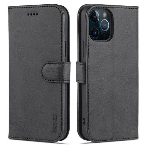 AZNS Leather Folio Flip Wallet Stand Design Perfect Protection Phone Shell for iPhone 13 Pro Max 6.7 inch - Black - 1